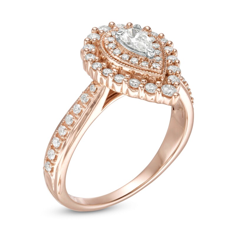 Main Image 3 of 5/8 CT. T.W. Pear-Shaped Diamond Double Frame Stepped Edge Vintage-Style Engagement Ring in 10K Rose Gold