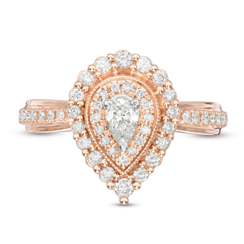 5/8 CT. T.W. Pear-Shaped Diamond Double Frame Stepped Edge Vintage-Style Engagement Ring in 10K Rose Gold