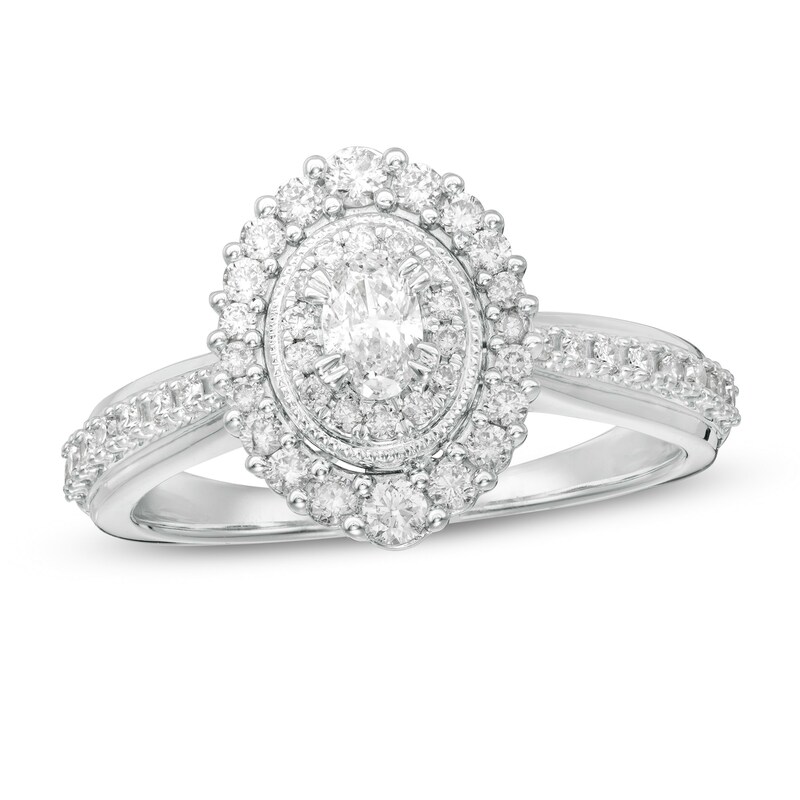 5/8 CT. T.W. Oval Diamond Double Frame Vintage-Style Engagement Ring in 10K White Gold