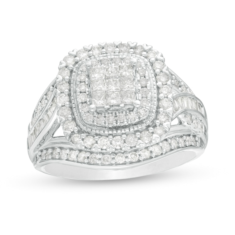 1 CT. T.W. Princess-Cut Composite Diamond Double Frame Multi-Row Vintage-Style Engagement Ring in 10K White Gold