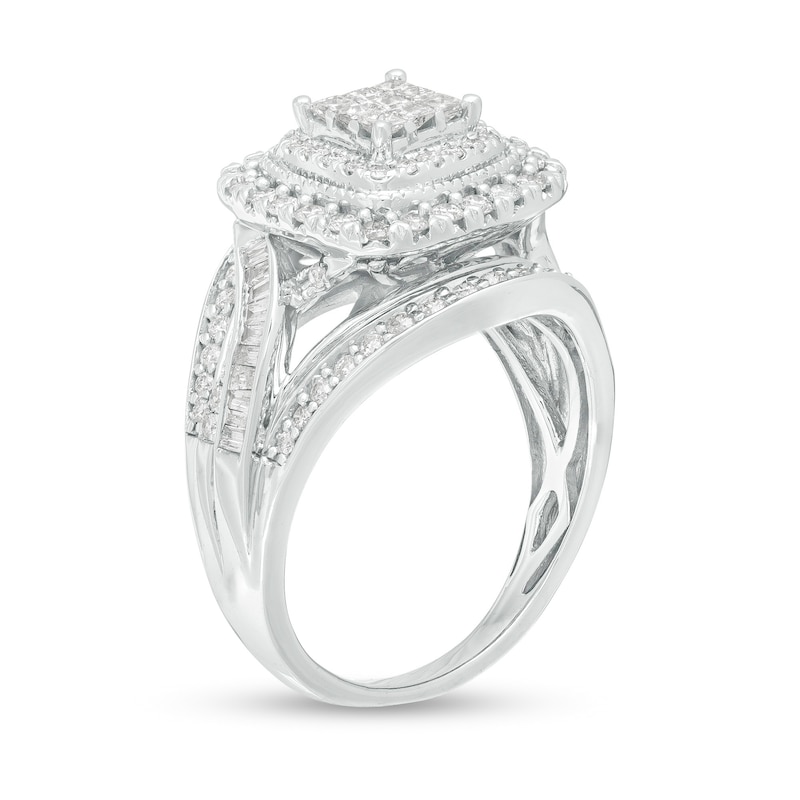 Main Image 3 of 1 CT. T.W. Princess-Cut Composite Diamond Double Frame Multi-Row Vintage-Style Engagement Ring in 10K White Gold