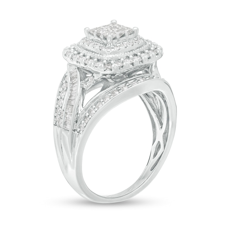 1 CT. T.W. Princess-Cut Composite Diamond Double Frame Multi-Row Vintage-Style Engagement Ring in 10K White Gold