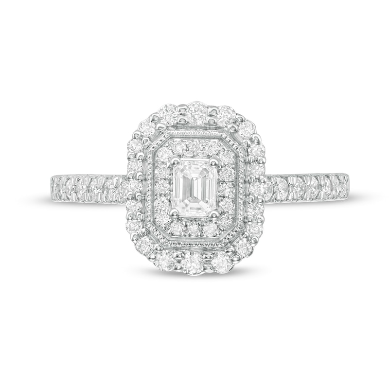 5/8 CT. T.W. Emerald-Cut Diamond Double Octagonal Frame Vintage-Style Engagement Ring in 10K White Gold