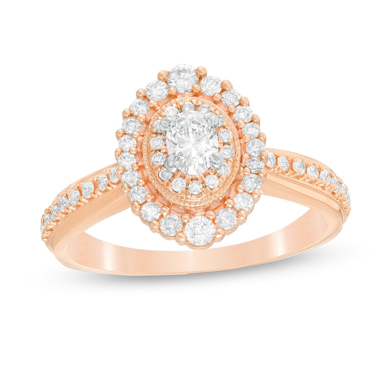 5/8 CT. T.W. Oval Diamond Double Frame Vintage-Style Engagement Ring in 10K Rose Gold