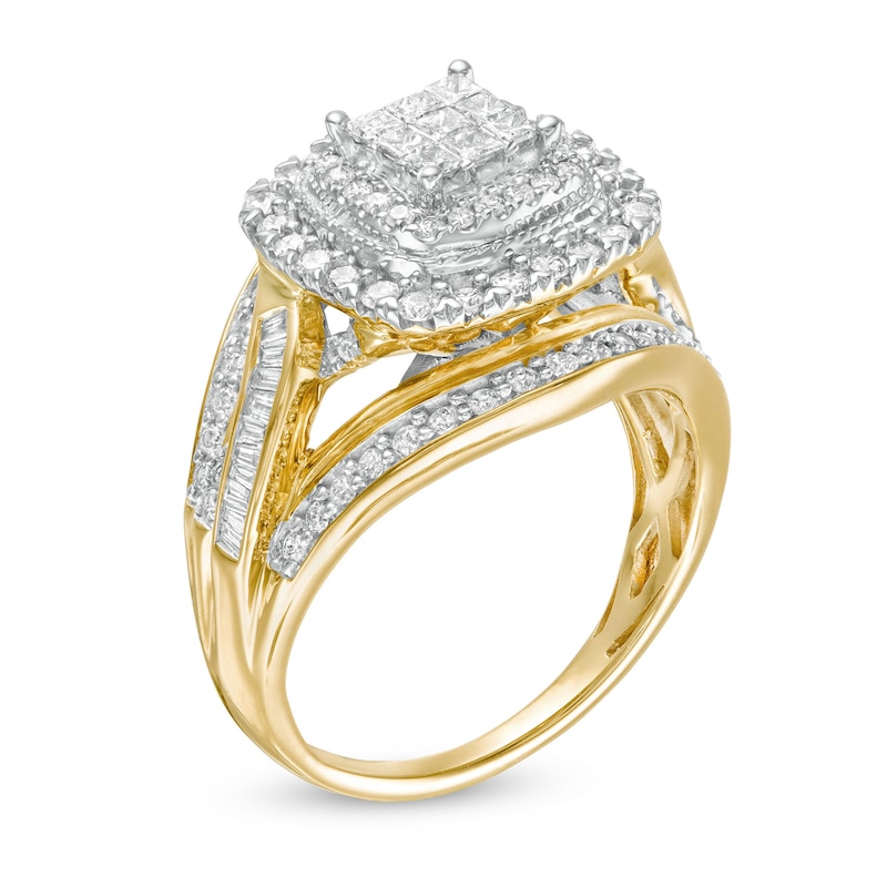 Main Image 3 of 1 CT. T.W. Princess-Cut Composite Diamond Double Frame Multi-Row Vintage-Style Engagement Ring in 10K Gold