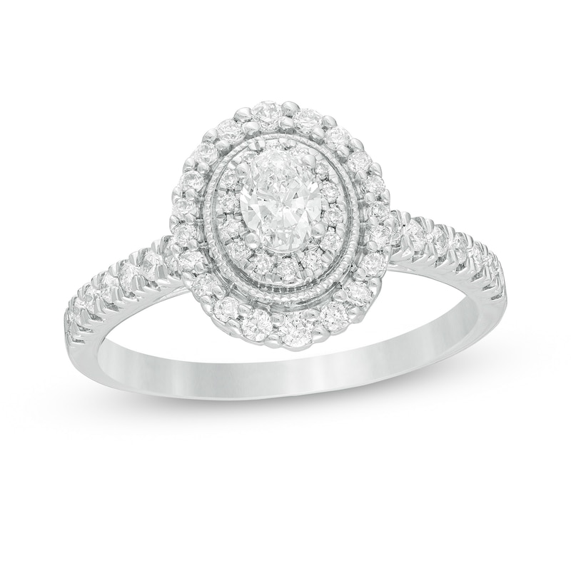 Main Image 1 of 5/8 CT. T.W. Oval Diamond Double Frame Vintage-Style Engagement Ring in 10K White Gold