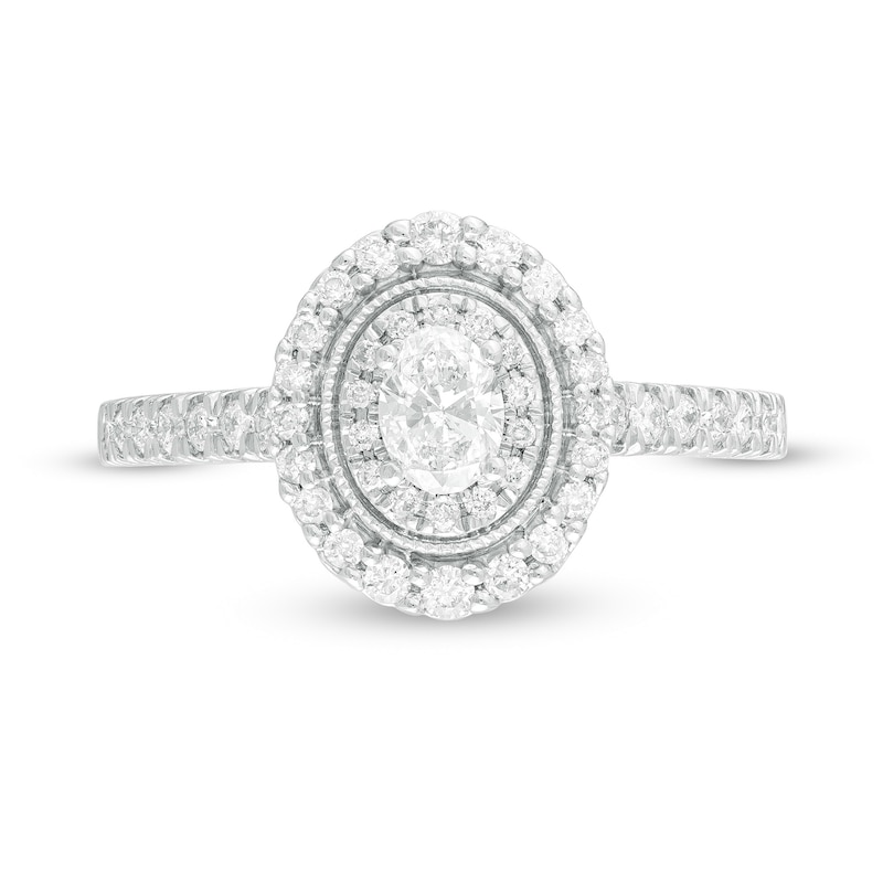 Main Image 4 of 5/8 CT. T.W. Oval Diamond Double Frame Vintage-Style Engagement Ring in 10K White Gold