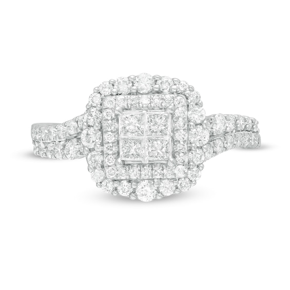 1 CT. T.w. Quad Princess-Cut Diamond Scallop Frame Double Row Engagement Ring in 10K White Gold