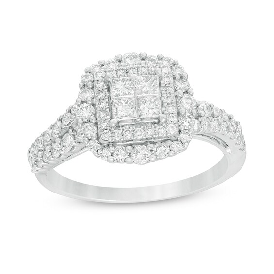 1 CT. T.w. Quad Princess-Cut Diamond Scallop Frame Double Row Engagement Ring in 10K White Gold