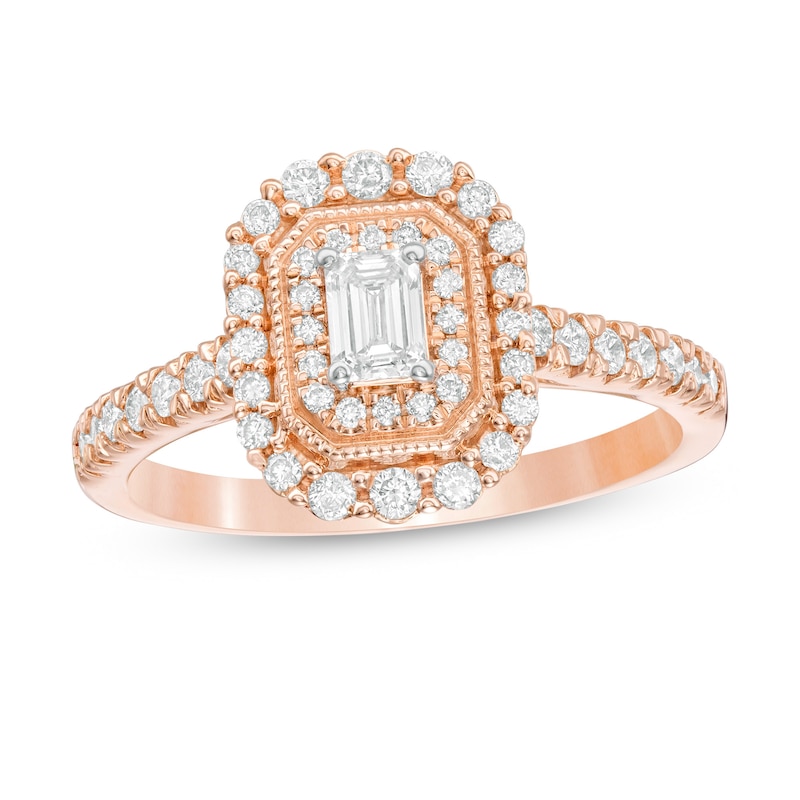 Main Image 1 of 5/8 CT. T.W. Emerald-Cut Diamond Double Octagonal Frame Vintage-Style Engagement Ring in 10K Rose Gold