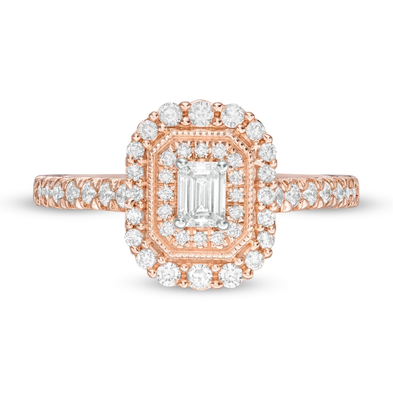 Main Image 4 of 5/8 CT. T.W. Emerald-Cut Diamond Double Octagonal Frame Vintage-Style Engagement Ring in 10K Rose Gold