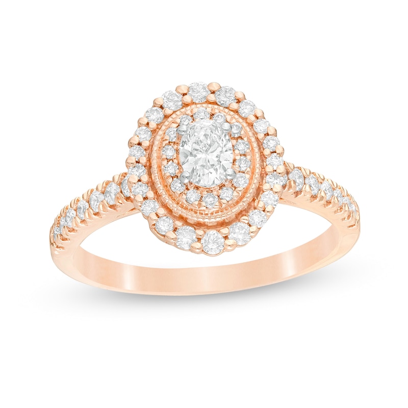5/8 CT. T.W. Oval Diamond Double Frame Vintage-Style Engagement Ring in 10K Rose Gold