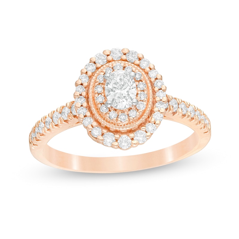 Main Image 1 of 5/8 CT. T.W. Oval Diamond Double Frame Vintage-Style Engagement Ring in 10K Rose Gold