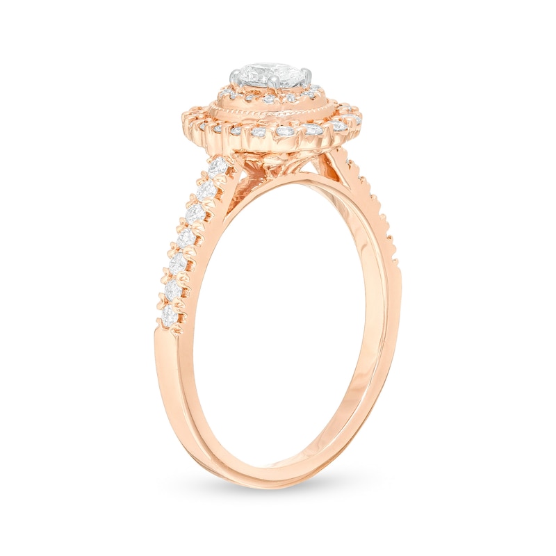 Main Image 3 of 5/8 CT. T.W. Oval Diamond Double Frame Vintage-Style Engagement Ring in 10K Rose Gold