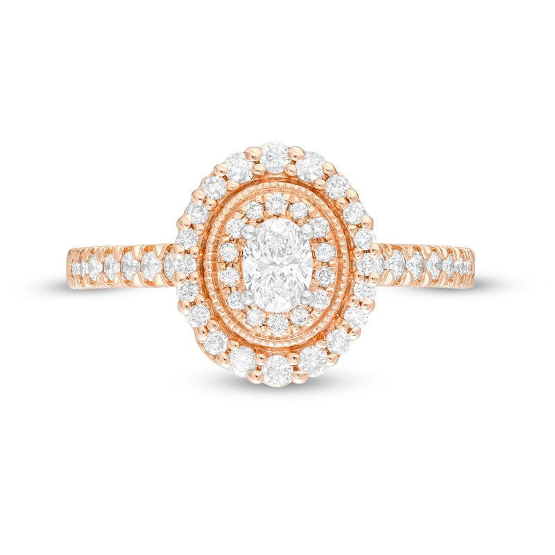 Main Image 4 of 5/8 CT. T.W. Oval Diamond Double Frame Vintage-Style Engagement Ring in 10K Rose Gold
