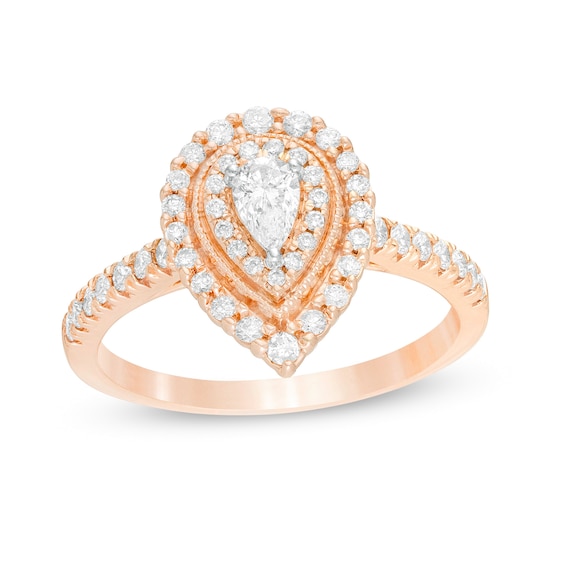 5/8 CT. T.w. Pear-Shaped Diamond Double Frame Vintage-Style Engagement Ring in 10K Rose Gold
