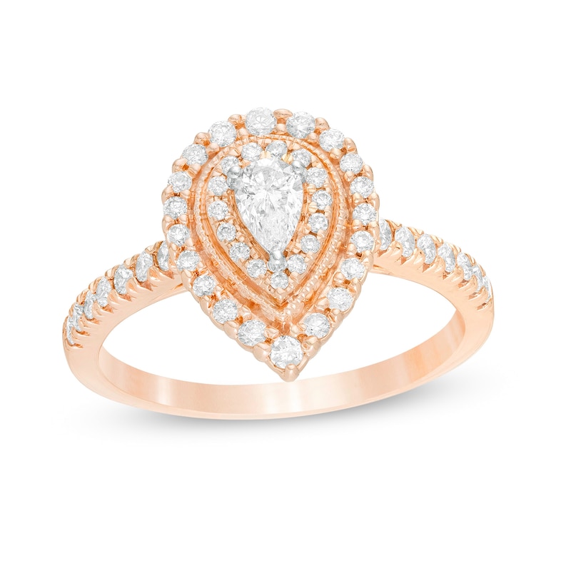 Main Image 1 of 5/8 CT. T.W. Pear-Shaped Diamond Double Frame Vintage-Style Engagement Ring in 10K Rose Gold