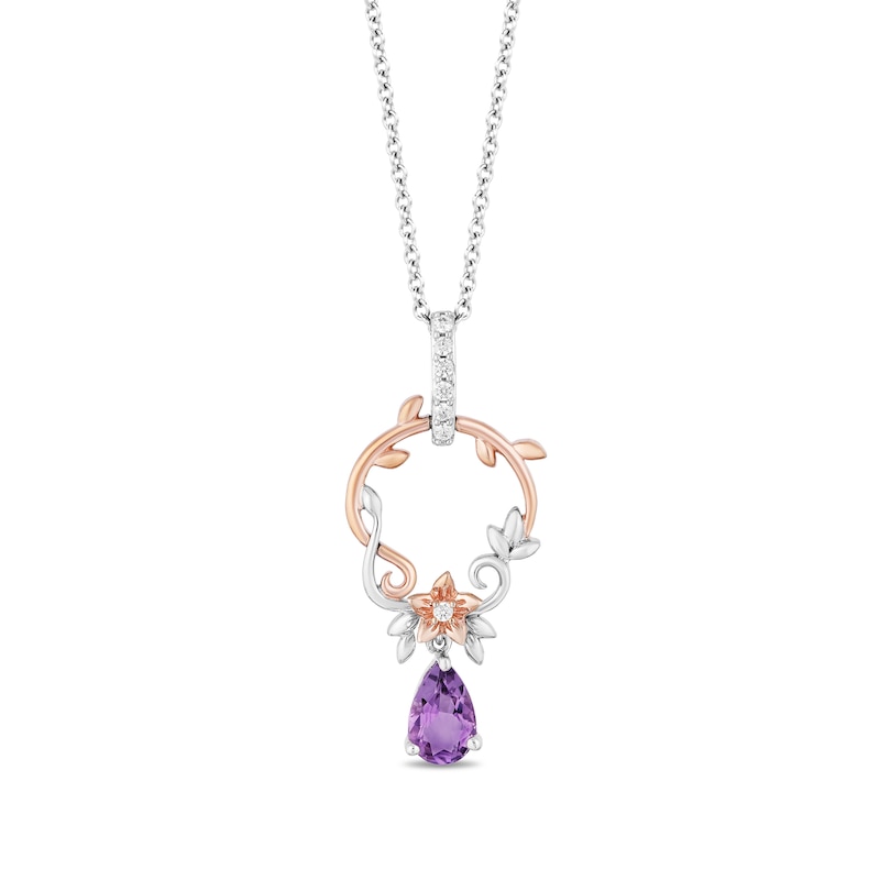 Main Image 1 of Enchanted Disney Rapunzel Amethyst and 1/10 CT. T.W. Diamond Circle Pendant in Sterling Silver and 10K Rose Gold - 19"