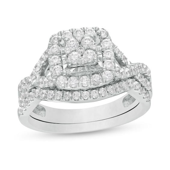 1 CT. T.w. Composite Diamond Cushion Frame Twist Shank Bridal Set in 10K White Gold