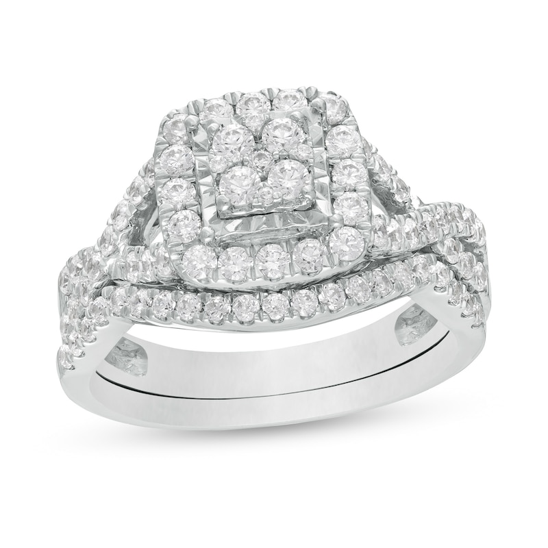Main Image 1 of 1 CT. T.W. Composite Diamond Cushion Frame Twist Shank Bridal Set in 10K White Gold
