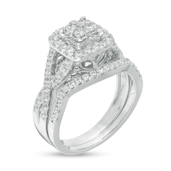 1 CT. T.w. Composite Diamond Cushion Frame Twist Shank Bridal Set in 10K White Gold