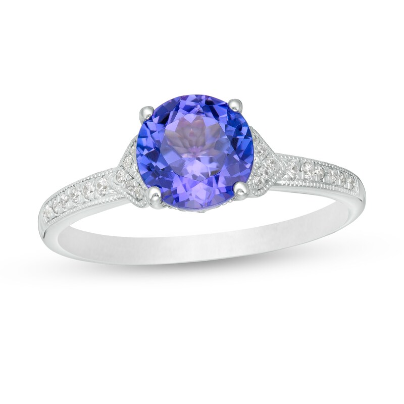 Main Image 1 of 7.0mm Tanzanite and 1/10 CT. T.W. Diamond Heart-Sides Vintage-Style Engagement Ring in 14K White Gold
