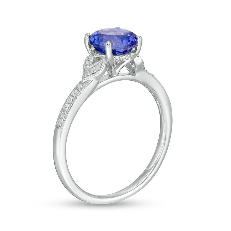 7.0mm Tanzanite and 1/10 CT. T.W. Diamond Heart-Sides Vintage-Style Engagement Ring in 14K White Gold