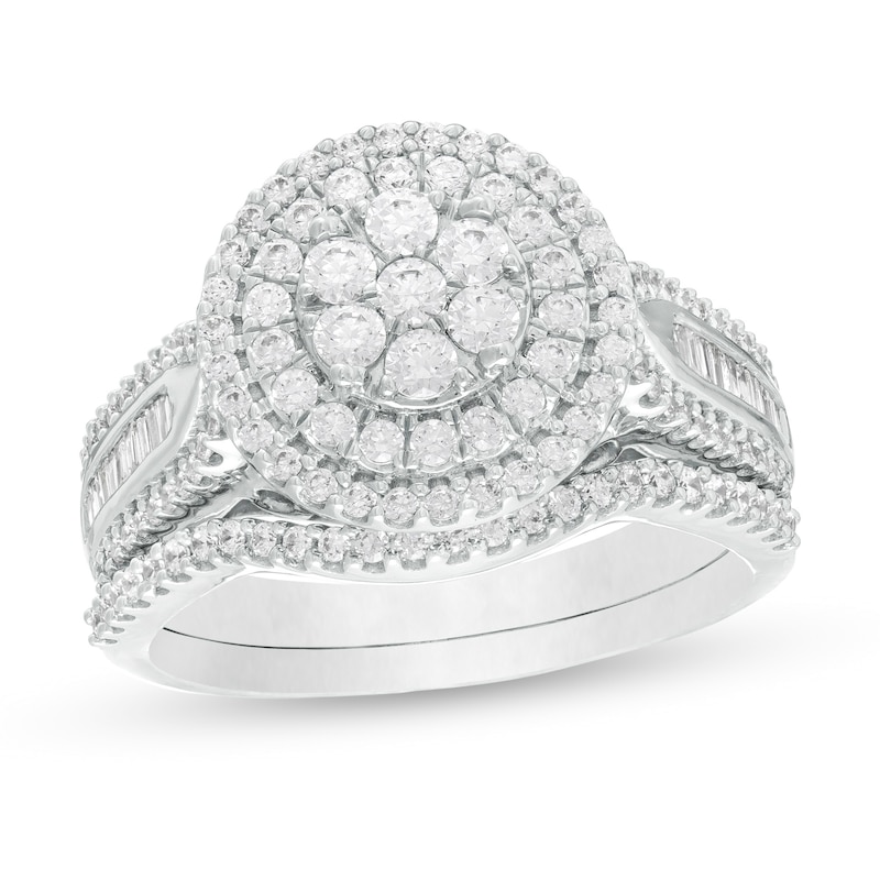 1 CT. T.W. Baguette and Round Composite Diamond Frame Multi-Row Bridal Set in 10K White Gold