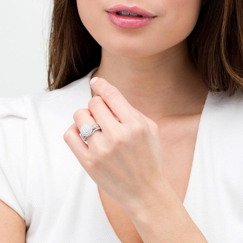 Main Image 2 of 1 CT. T.W. Baguette and Round Composite Diamond Frame Multi-Row Bridal Set in 10K White Gold