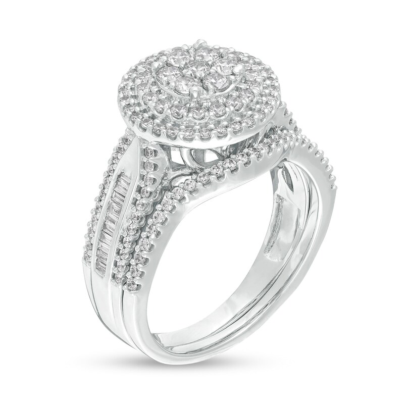 Main Image 3 of 1 CT. T.W. Baguette and Round Composite Diamond Frame Multi-Row Bridal Set in 10K White Gold