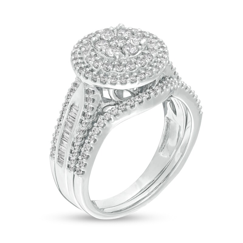 1 CT. T.W. Baguette and Round Composite Diamond Frame Multi-Row Bridal Set in 10K White Gold