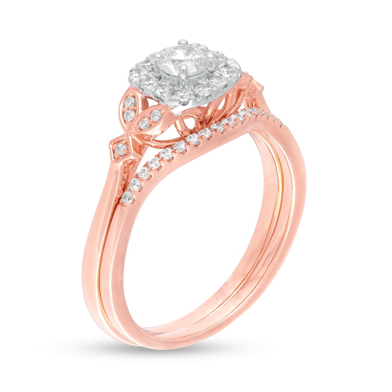 Main Image 3 of 1/2 CT. T.W. Diamond Cushion Frame Leaf-Sides Bridal Set in 10K Rose Gold