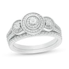 Thumbnail Image 1 of 1/3 CT. T.W. Composite Diamond Frame Three Stone Split Shank Bridal Set in Sterling Silver