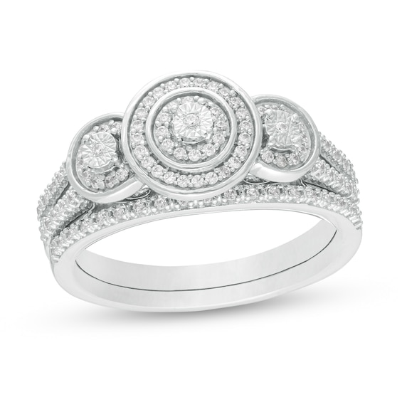 1/3 CT. T.w. Composite Diamond Frame Three Stone Split Shank Bridal Set in Sterling Silver