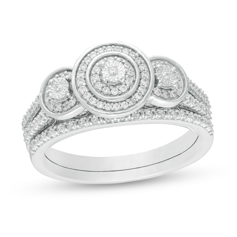 Main Image 1 of 1/3 CT. T.W. Composite Diamond Frame Three Stone Split Shank Bridal Set in Sterling Silver