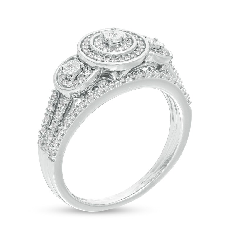 Main Image 3 of 1/3 CT. T.W. Composite Diamond Frame Three Stone Split Shank Bridal Set in Sterling Silver
