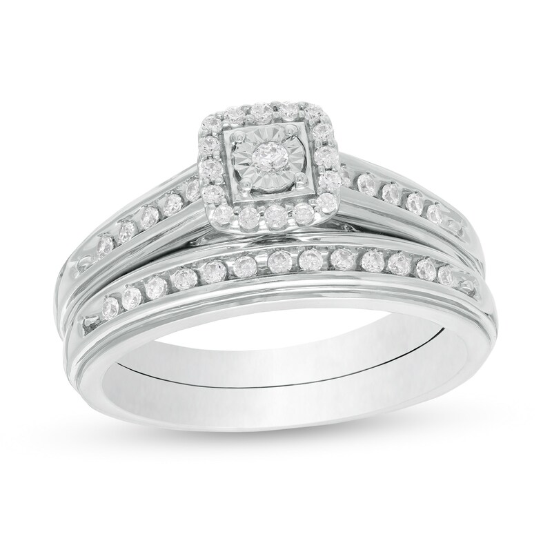 Main Image 1 of 1/4 CT. T.W. Diamond Cushion Frame Bridal Set in Sterling Silver