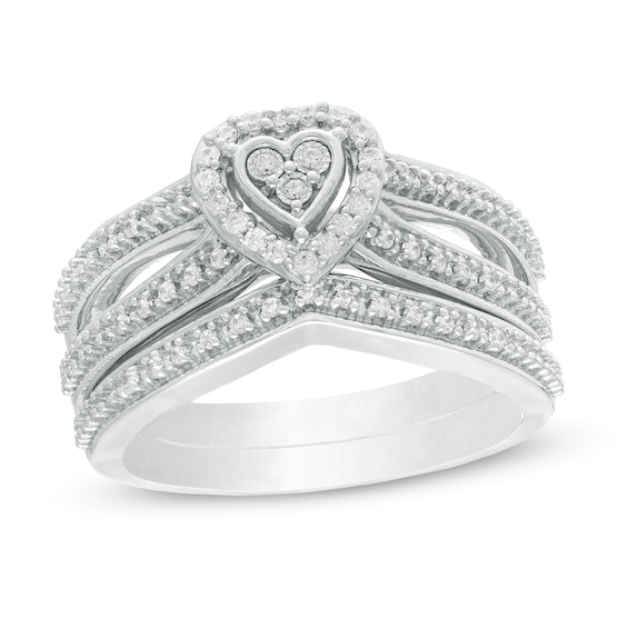 1/4 CT. T.w. Composite Diamond Heart Frame Split Shank Bridal Set in Sterling Silver