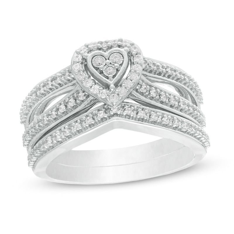 Main Image 1 of 1/4 CT. T.W. Composite Diamond Heart Frame Split Shank Bridal Set in Sterling Silver