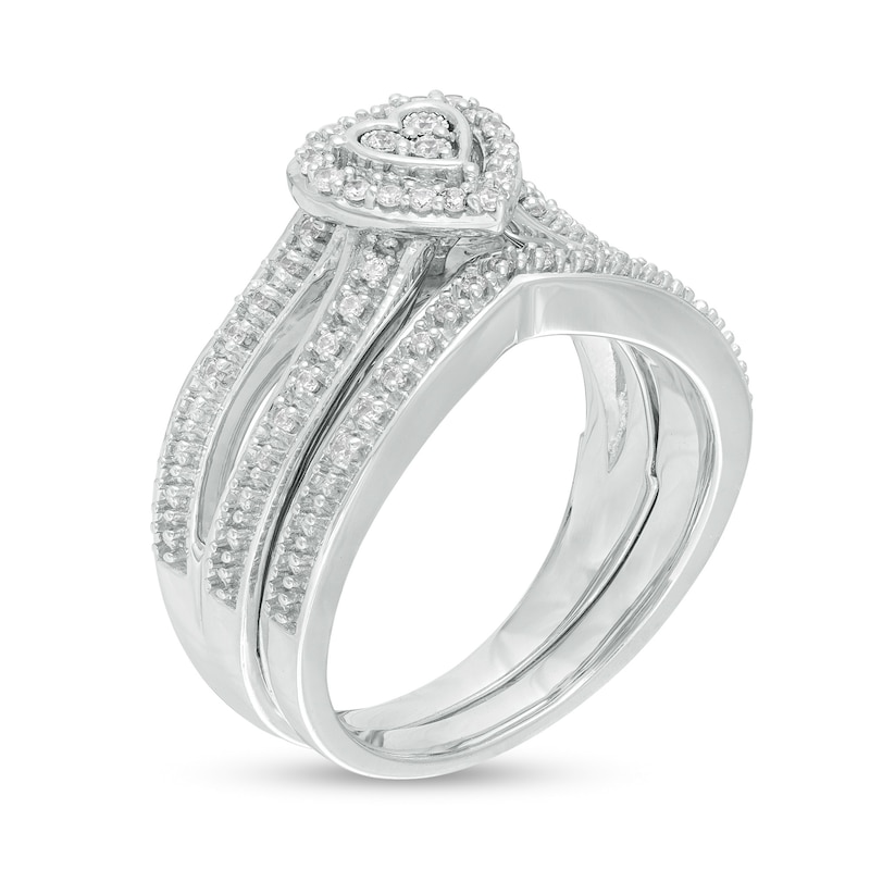 Main Image 3 of 1/4 CT. T.W. Composite Diamond Heart Frame Split Shank Bridal Set in Sterling Silver