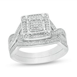 1/4 CT. T.W. Square Multi-Diamond Frame Twist Shank Bridal Set in Sterling Silver