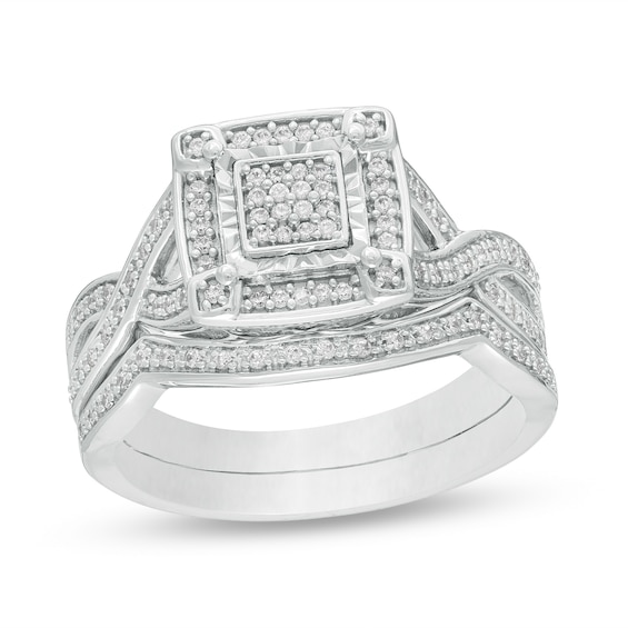 1/4 CT. T.w. Square Multi-Diamond Frame Twist Shank Bridal Set in Sterling Silver