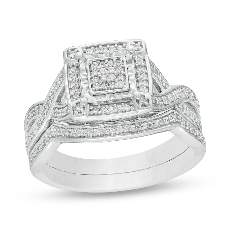 Main Image 1 of 1/4 CT. T.W. Square Multi-Diamond Frame Twist Shank Bridal Set in Sterling Silver