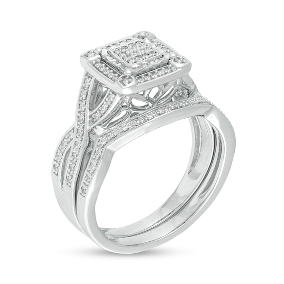 1/4 CT. T.w. Square Multi-Diamond Frame Twist Shank Bridal Set in Sterling Silver