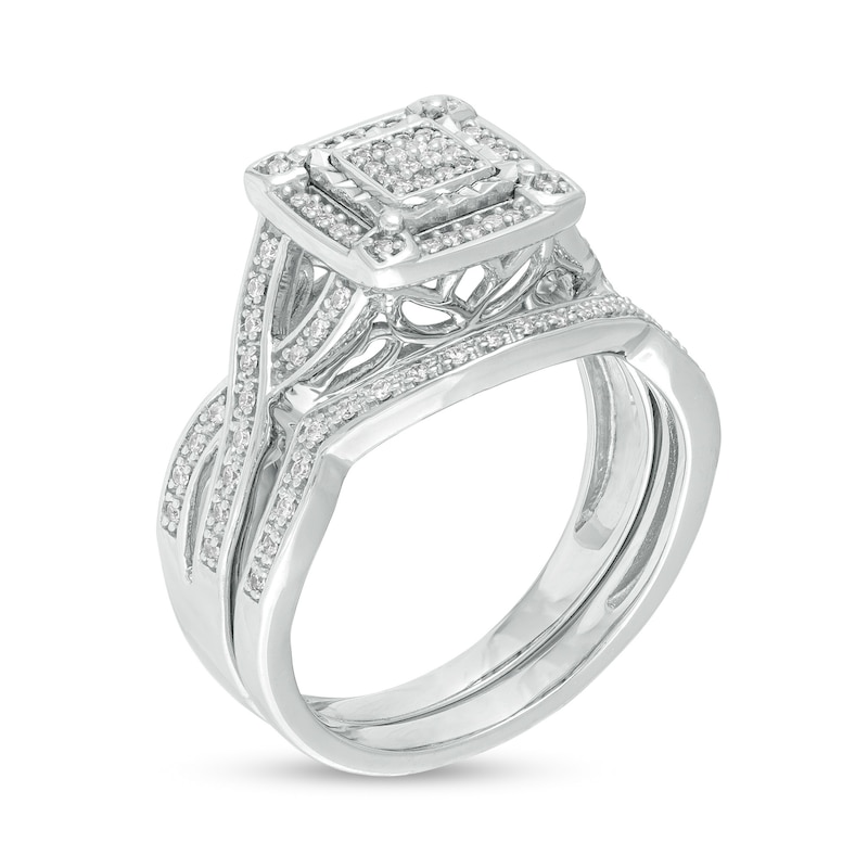 Main Image 3 of 1/4 CT. T.W. Square Multi-Diamond Frame Twist Shank Bridal Set in Sterling Silver