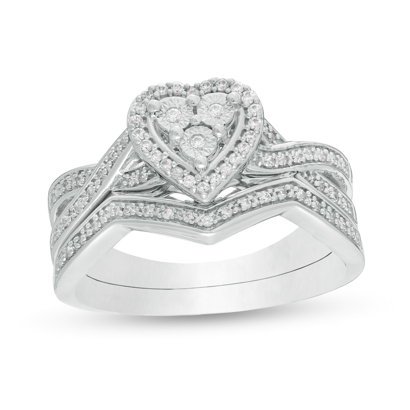 Main Image 1 of 1/4 CT. T.W. Composite Diamond Heart Frame Twist Shank Bridal Set in Sterling Silver
