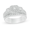Thumbnail Image 1 of 1/3 CT. T.W. Composite Diamond Cushion Frame Three Stone Bridal Set in Sterling Silver
