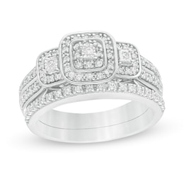1/3 CT. T.W. Composite Diamond Cushion Frame Three Stone Bridal Set in Sterling Silver