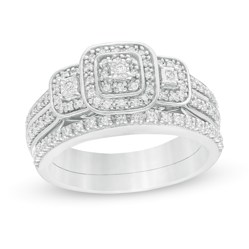 Main Image 1 of 1/3 CT. T.W. Composite Diamond Cushion Frame Three Stone Bridal Set in Sterling Silver
