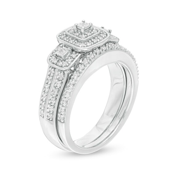 1/3 CT. T.w. Composite Diamond Cushion Frame Three Stone Bridal Set in Sterling Silver